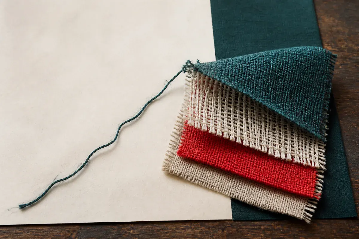 Patru straturi textile separate și un fir liber pe o suprafață de lucru.