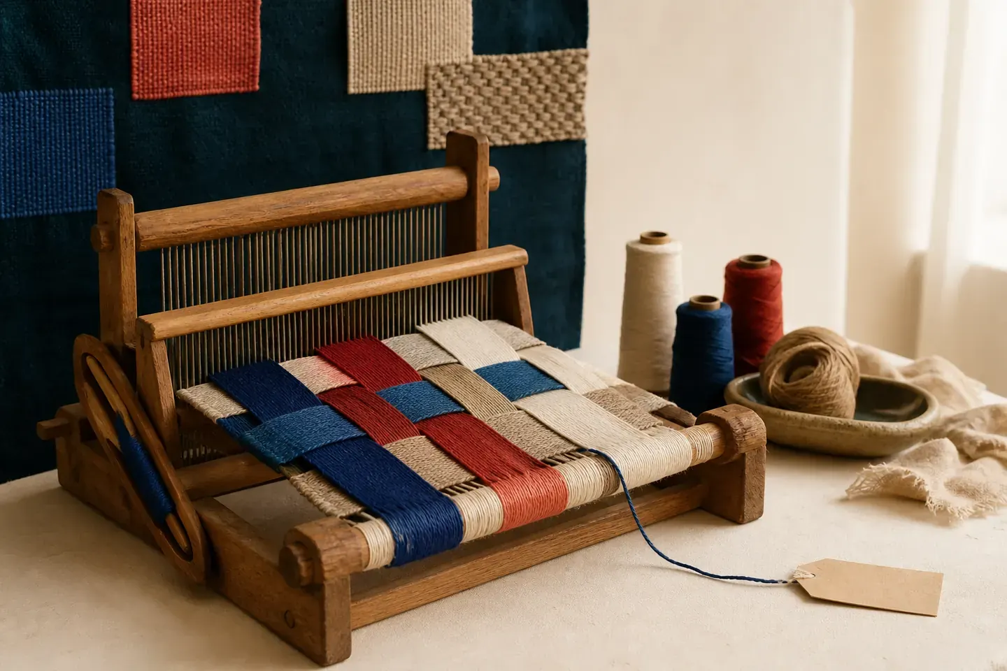 Război de țesut din lemn cu benzi textile colorate și un fir liber.